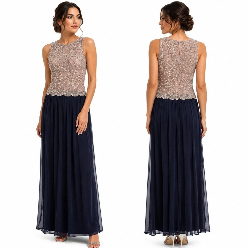Cachet Dress Womens‎ 14 Gown Beaded Mesh Navy Blue Chiffon Pleated Maxi Mother